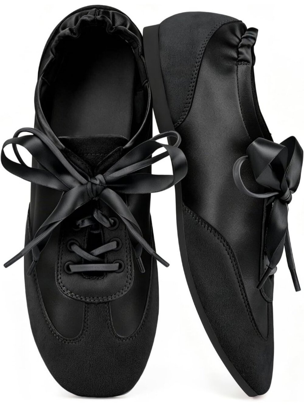 Women's Black Satin Lace Up Lightweight Slim Comfort Ballerina Flat Sneakers